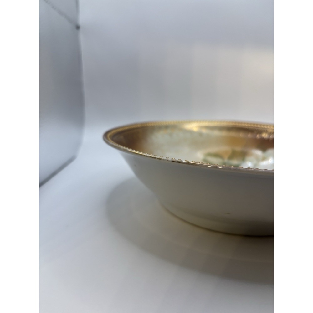 Antique P.K. Silesia Porcelain Serving Bowl Bridal Roses Gold Beaded Rim 1914-22 - Picture 3 of 14